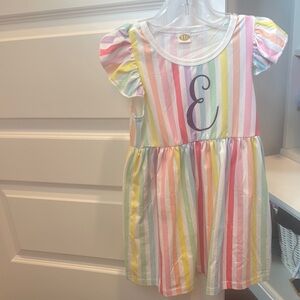 Rainbow Embellished “E” cotton dress with Puff Cap Sleeves